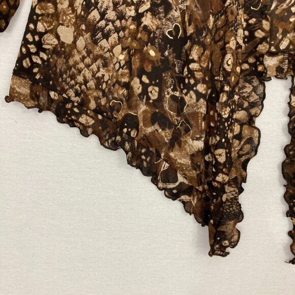 Chico's Brown Black Open Front Draped Lettuce Hem Stretch Cardigan XL/3 Preppy - Picture 3 of 9